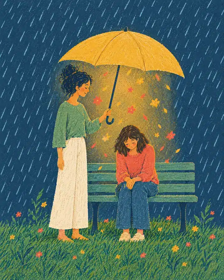 Painted illustration of one person holding an umbrella over another, who sits on a bench in the rain